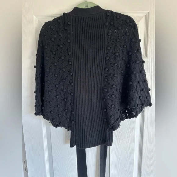 Rebecca Taylor Black Wool Blend Pompom Tie Front Cardigan Sweater - Picture 6 of 8